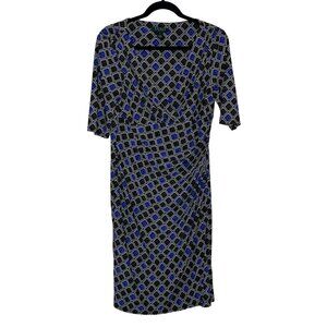 Lauren Ralph Lauren Faux Wrap Dress Size‎ 12 Black Blue Geometric Print Career